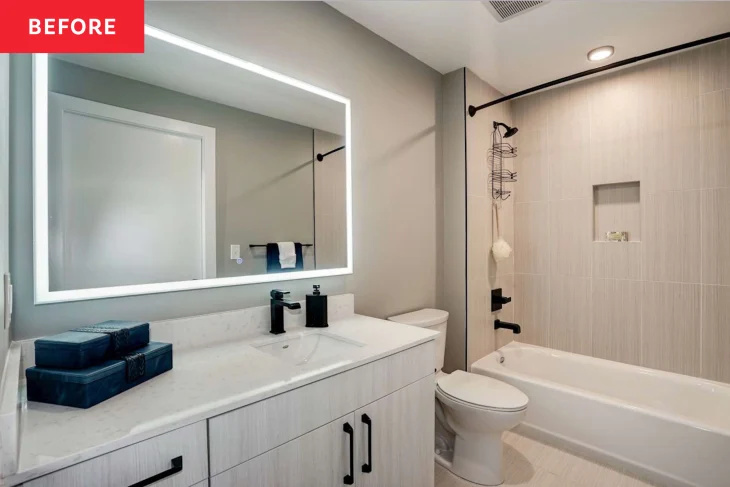 Antes e depois: um projeto de $ 280 adiciona grande estilo a um banheiro alugado padrão