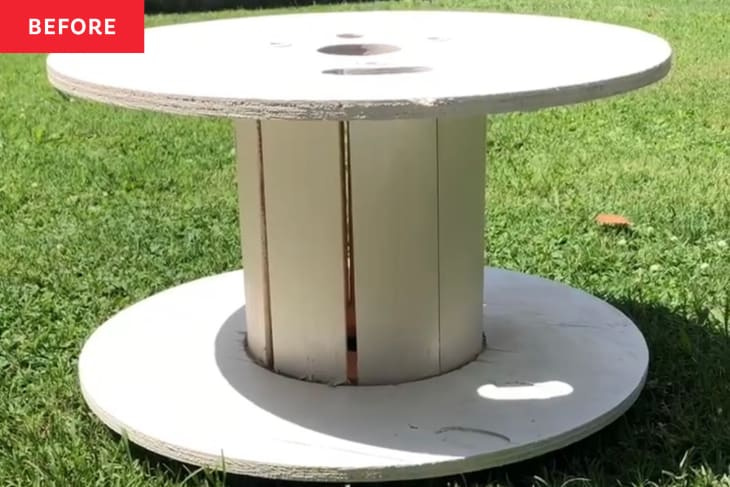 Abans i després: aquest bricolatge va fer una taula de cafè elegant amb una bobina de filferro per menys de 100 dòlars