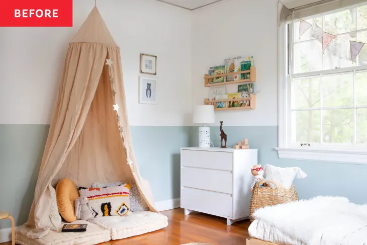 Abans i després: una habitació infantil alegre pren una nova vida com a oficina i habitació de convidats sofisticats