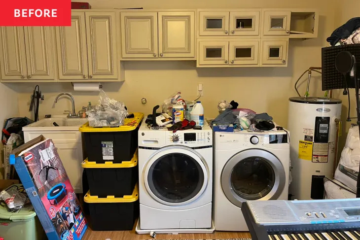Före och efter: En djärv 2 200 dollar omgörning ger denna stökiga tvättstuga en plats för allt