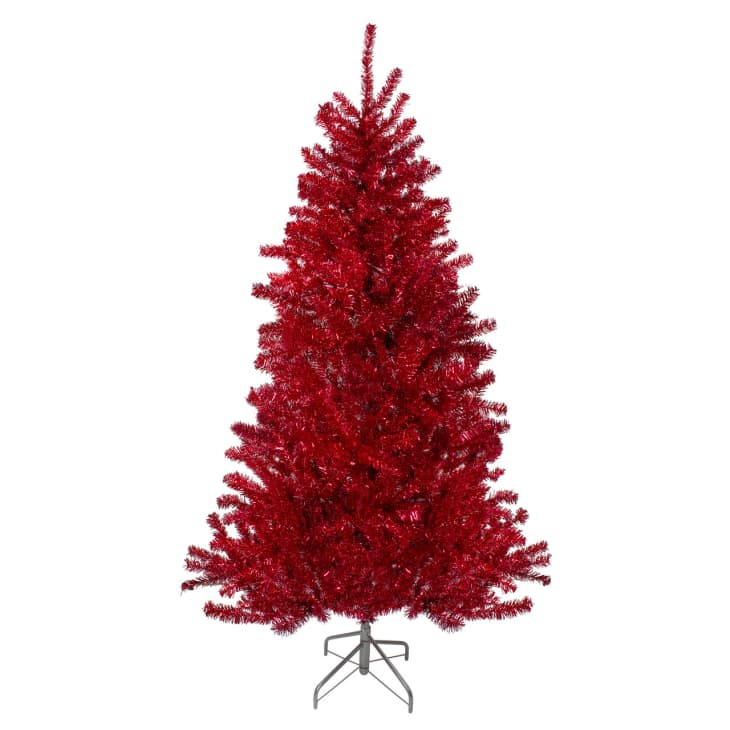   Obrázok produktu: 5 stôp. Vopred osvetlený červený flockovaný umelý vianočný stromček Fraser jedľa s červenými svetlami' Metallic Red Tinsel Artificial Christmas Tree