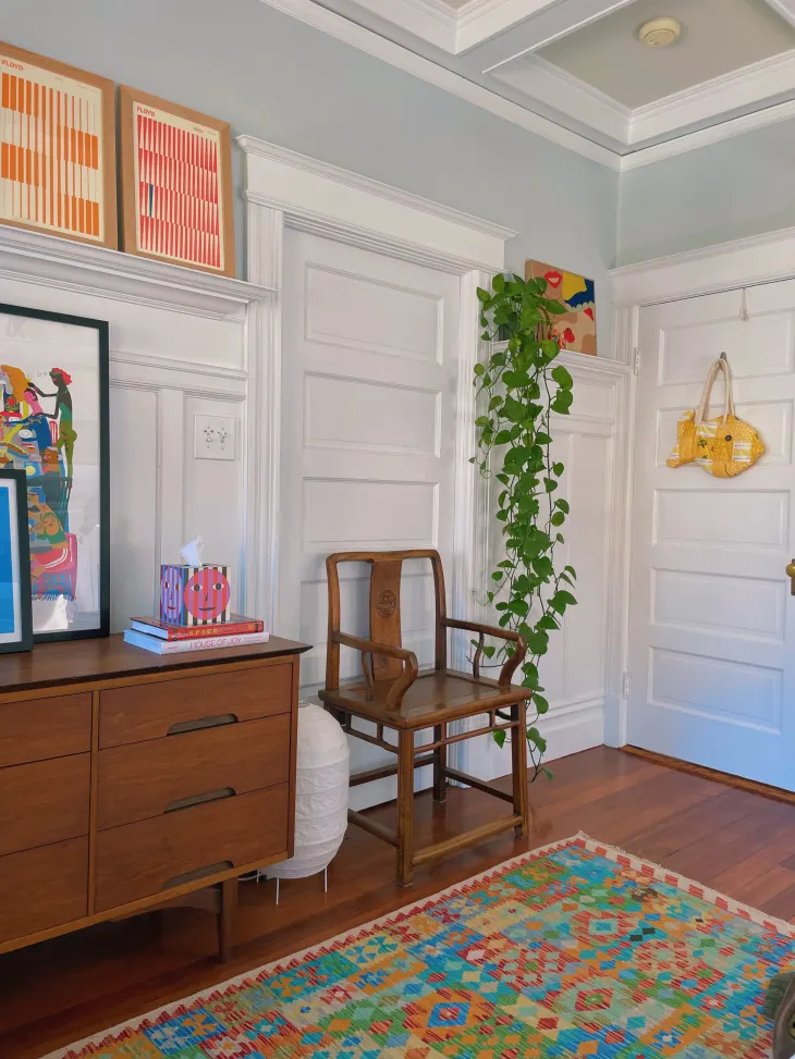   Izba s farebným kobercom, závesnou rastlinou a hnedou komodou